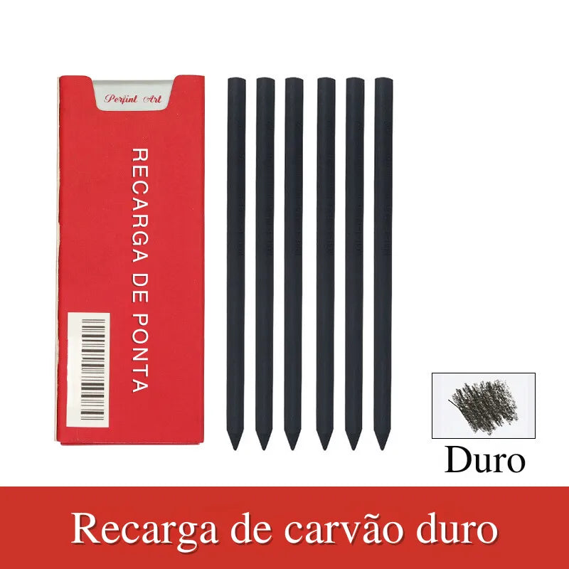 Lápis Mecânico Automático Lápis mecânico automático 5,6 mm com design minimalista e refil de grafite colorido em exibição. Lápis mecânico automático acompanhado de bolsa de armazenamento preta e refis de grafite colorido Conjunto completo do lápis mecânico automático, incluindo refis de grafite colorido e bolsa de armazenamento