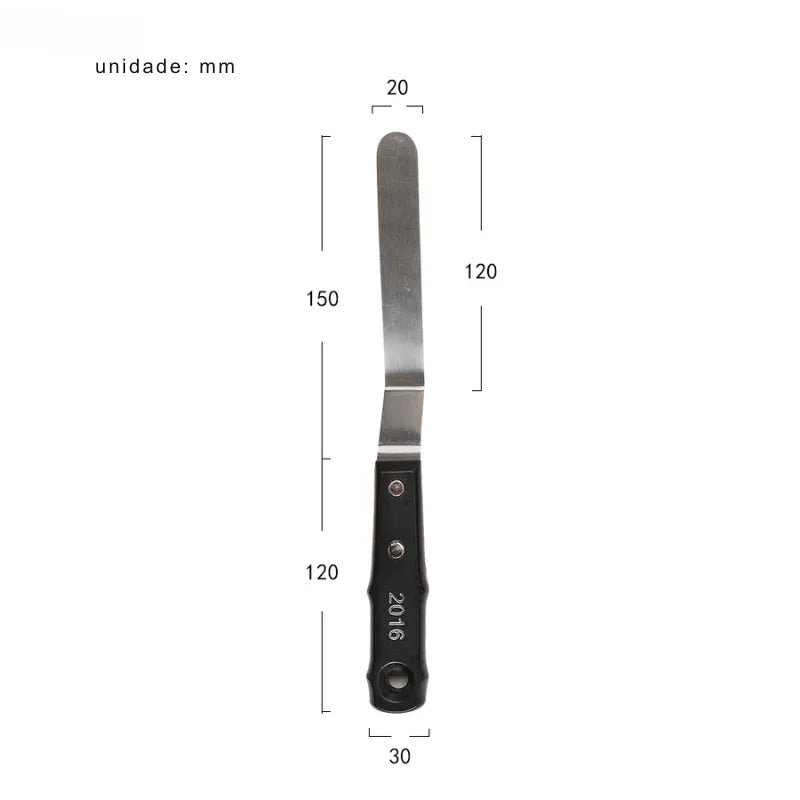 Espátula de pintura a óleo com lâmina de aço inoxidável e cabo de madeira.
Ferramenta artística para texturizar e misturar tintas em diferentes formatos.