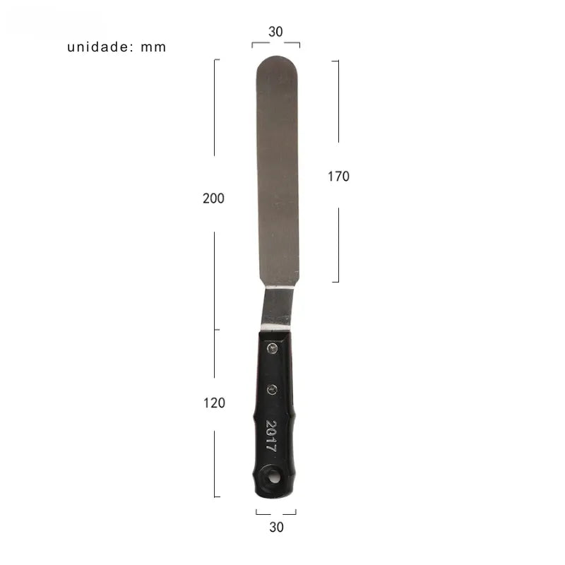 Espátula de pintura a óleo com lâmina de aço inoxidável e cabo de madeira.
Ferramenta artística para texturizar e misturar tintas em diferentes formatos.