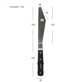 Espátula de pintura a óleo com lâmina de aço inoxidável e cabo de madeira.
Ferramenta artística para texturizar e misturar tintas em diferentes formatos.