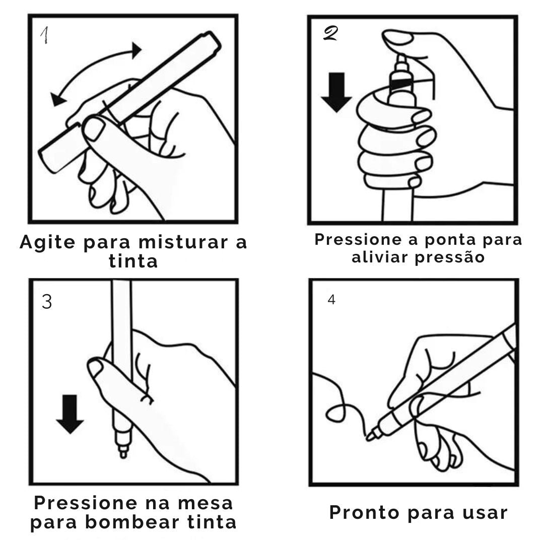 Caneta líquida marcadora de prata com acabamento cromado espelhado, mostrando o efeito metálico brilhante. Demonstração da caneta em ação, destacando seu uso em diversas superfícies como cerâmica e vidro. Detalhe da ponta de 0,7 mm/1,0 mm/3,0 mm da caneta, ideal para precisão e variedade em desenhos. Exemplos de projetos criativos feitos com a caneta, incluindo cartões e pintura em cerâmica.