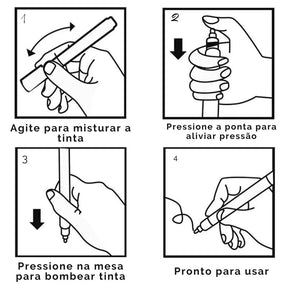 Caneta líquida marcadora de prata com acabamento cromado espelhado, mostrando o efeito metálico brilhante. Demonstração da caneta em ação, destacando seu uso em diversas superfícies como cerâmica e vidro. Detalhe da ponta de 0,7 mm/1,0 mm/3,0 mm da caneta, ideal para precisão e variedade em desenhos. Exemplos de projetos criativos feitos com a caneta, incluindo cartões e pintura em cerâmica.