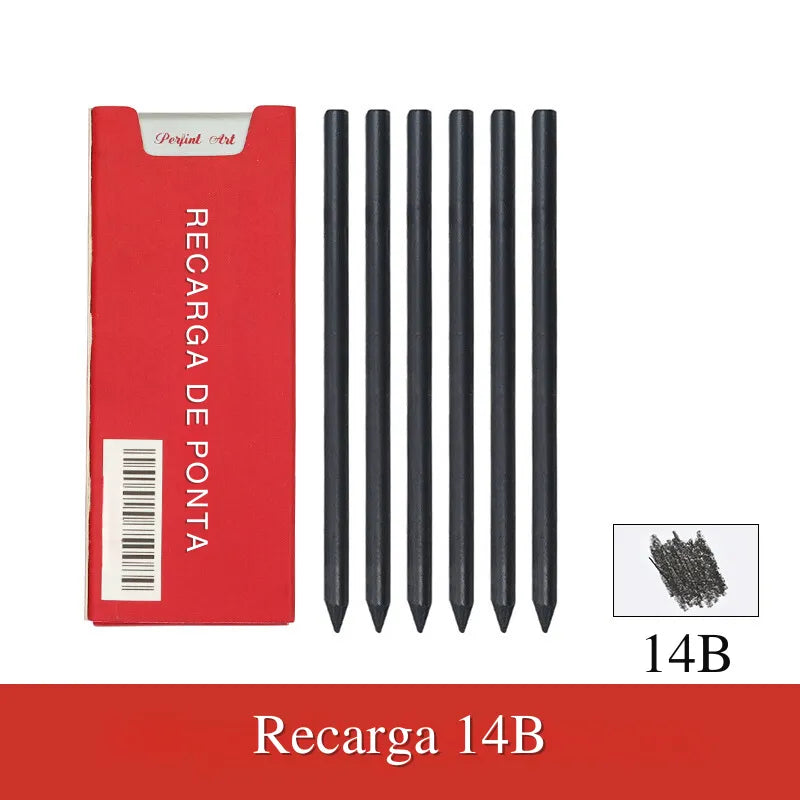 Lápis Mecânico Automático Lápis mecânico automático 5,6 mm com design minimalista e refil de grafite colorido em exibição. Lápis mecânico automático acompanhado de bolsa de armazenamento preta e refis de grafite colorido Conjunto completo do lápis mecânico automático, incluindo refis de grafite colorido e bolsa de armazenamento