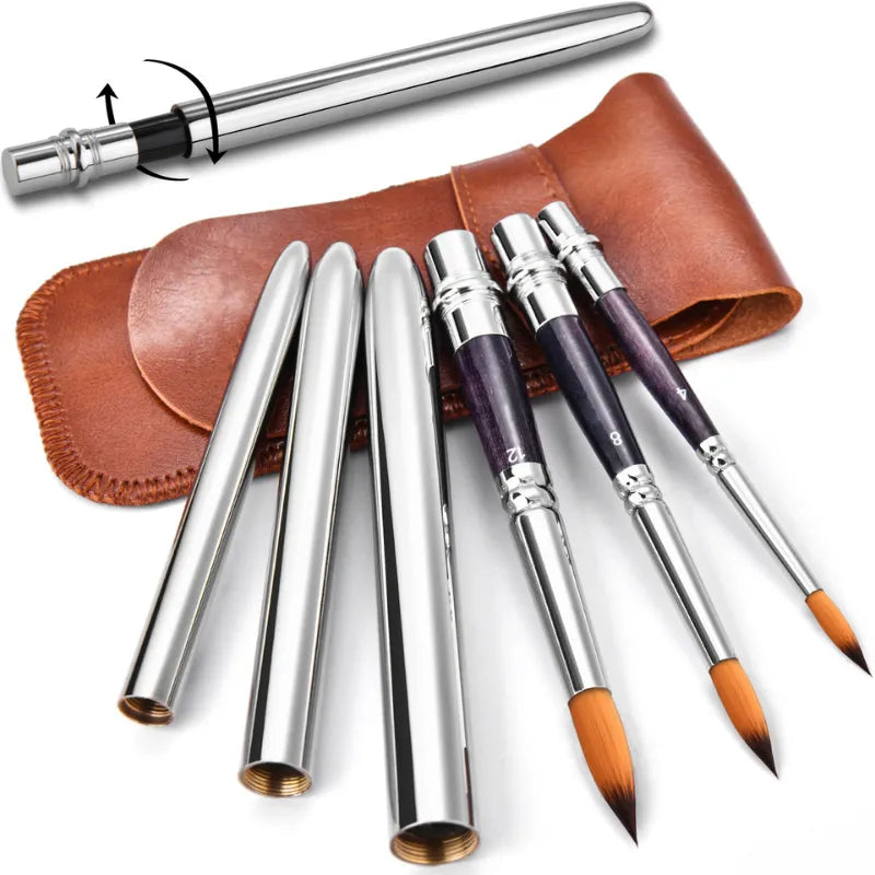 Pincéis de Aquarela Portáteis - 3 Peças Pincéis Retráteis para Artistas em Movimento Conjunto Compacto de Pincéis de Viagem Pincéis de Aquarela com Bolsa de Couro Pincéis Versáteis e Portáteis para Artistas, Pincéis de aquarela portáteis Pincéis de viagem para artistas Pincéis retráteis para aquarela Conjunto de pincéis com bolsa de couro Pincéis de aquarela compactos