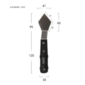 Espátula de pintura a óleo com lâmina de aço inoxidável e cabo de madeira.
Ferramenta artística para texturizar e misturar tintas em diferentes formatos.