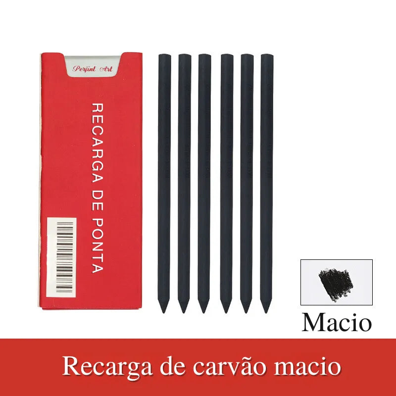 Lápis Mecânico Automático Lápis mecânico automático 5,6 mm com design minimalista e refil de grafite colorido em exibição. Lápis mecânico automático acompanhado de bolsa de armazenamento preta e refis de grafite colorido Conjunto completo do lápis mecânico automático, incluindo refis de grafite colorido e bolsa de armazenamento