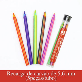 Lápis Mecânico Automático Lápis mecânico automático 5,6 mm com design minimalista e refil de grafite colorido em exibição. Lápis mecânico automático acompanhado de bolsa de armazenamento preta e refis de grafite colorido Conjunto completo do lápis mecânico automático, incluindo refis de grafite colorido e bolsa de armazenamento