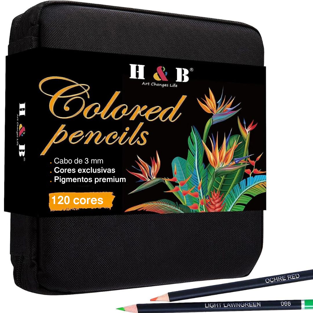 Kit Profissional de Lápis de Arte com 72/120 peças, exibindo a ampla gama de cores Detalhe dos lápis coloridos do kit, mostrando os núcleos macios e as numerações. Artista utilizando os lápis do kit em uma criação artística, destacando a vivacidade das cores. Bolsa de nylon com zíper do kit, ilustrando a organização e portabilidade dos lápis.