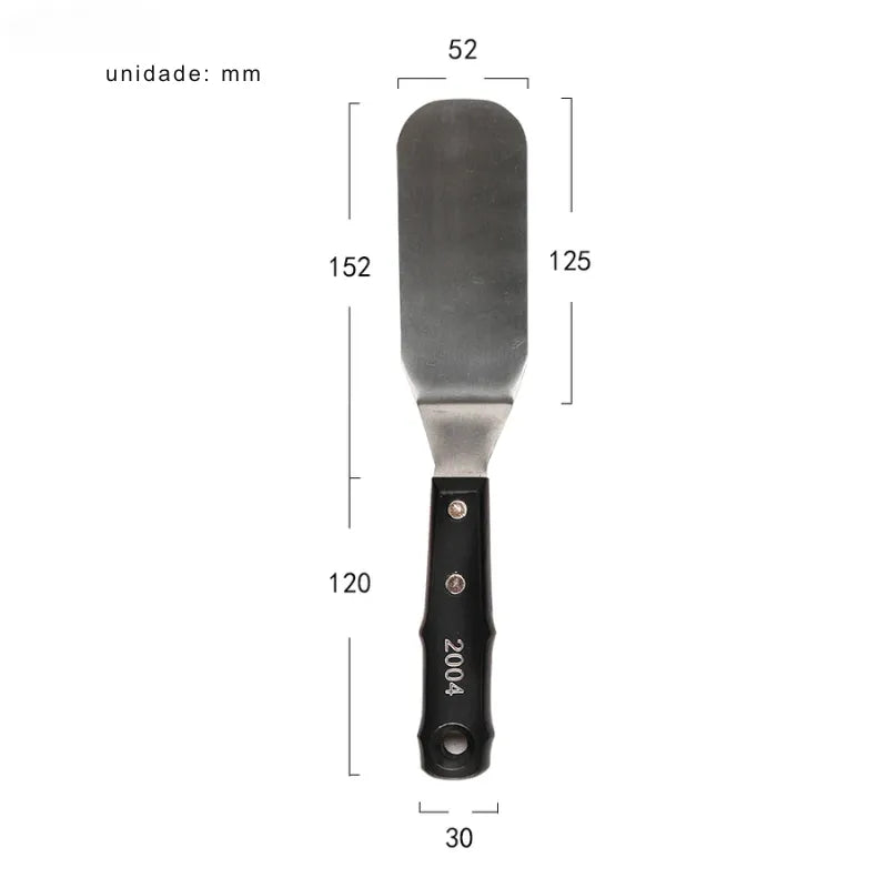 Espátula de pintura a óleo com lâmina de aço inoxidável e cabo de madeira.
Ferramenta artística para texturizar e misturar tintas em diferentes formatos.