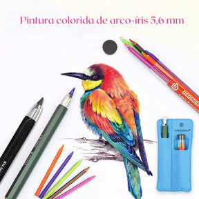 Lápis Mecânico Automático Lápis mecânico automático 5,6 mm com design minimalista e refil de grafite colorido em exibição. Lápis mecânico automático acompanhado de bolsa de armazenamento preta e refis de grafite colorido Conjunto completo do lápis mecânico automático, incluindo refis de grafite colorido e bolsa de armazenamento