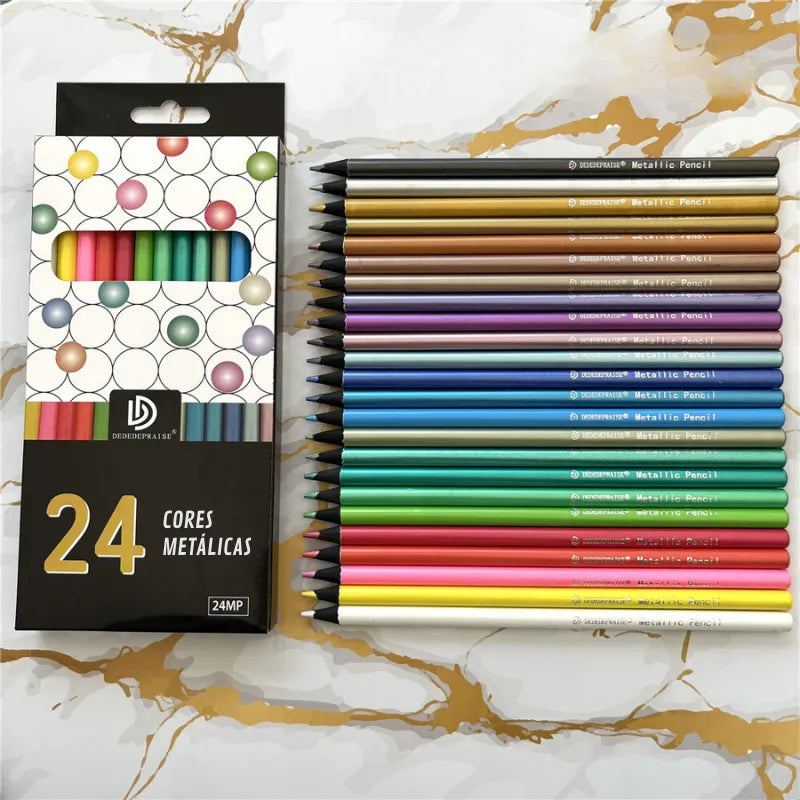 Lápis de Cores Metálicas Conjunto de Lápis Metálicos Brilhantes Efeitos Metálicos para Suas Criações Lápis de Cor Metálica para Artistas Cores Metálicas com Grafite HB, Lápis de cor metálica Lápis de cor para efeitos especiais Conjunto de lápis metálicos Lápis de grafite HB metálico Lápis de cor brilhante