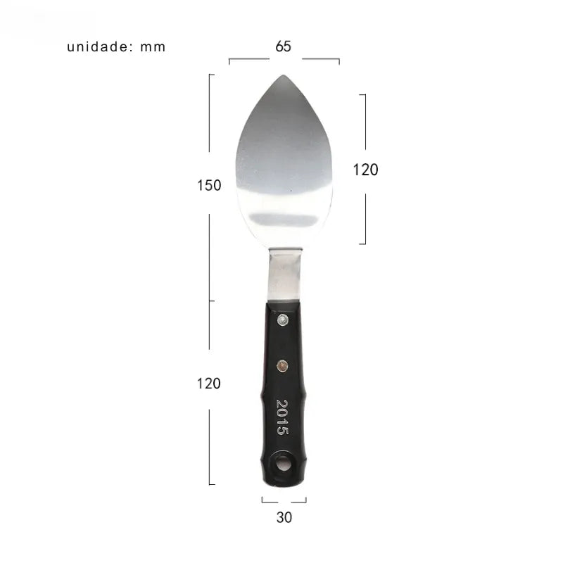 Espátula de pintura a óleo com lâmina de aço inoxidável e cabo de madeira.
Ferramenta artística para texturizar e misturar tintas em diferentes formatos.