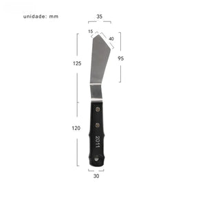 Espátula de pintura a óleo com lâmina de aço inoxidável e cabo de madeira.
Ferramenta artística para texturizar e misturar tintas em diferentes formatos.