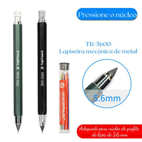 Lápis Mecânico Automático Lápis mecânico automático 5,6 mm com design minimalista e refil de grafite colorido em exibição. Lápis mecânico automático acompanhado de bolsa de armazenamento preta e refis de grafite colorido Conjunto completo do lápis mecânico automático, incluindo refis de grafite colorido e bolsa de armazenamento