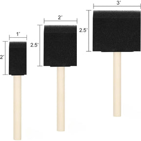 Conjunto de pincéis de esponja com cabos de madeira e formatos variados.
Pincéis de espuma plana, redonda e em rolo para pintura e artesanato.