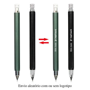 Lápis Mecânico Automático Lápis mecânico automático 5,6 mm com design minimalista e refil de grafite colorido em exibição. Lápis mecânico automático acompanhado de bolsa de armazenamento preta e refis de grafite colorido Conjunto completo do lápis mecânico automático, incluindo refis de grafite colorido e bolsa de armazenamento