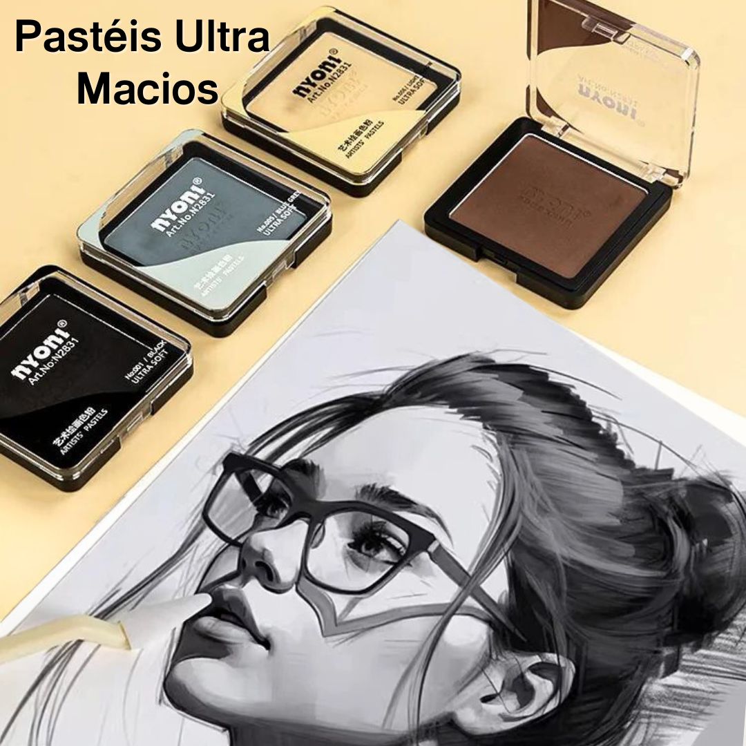 Pastel para Pintura Ultra Macio, mostrando a variedade de cores vibrantes e a textura suave. Artista utilizando os pastéis para criar uma obra de arte, destacando a facilidade de mistura e aplicação. Detalhe dos pastéis, enfatizando sua textura ultra macia e pigmentação intensa. Os pastéis sendo usados com outras mídias artísticas, ilustrando sua versatilidade.